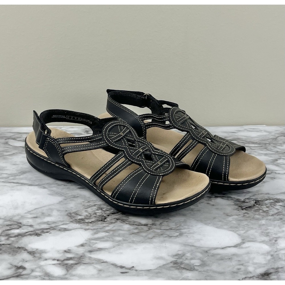 Clarks Collection Women's Leisa Janna Black Leather Open Toe Sandals Sz 9